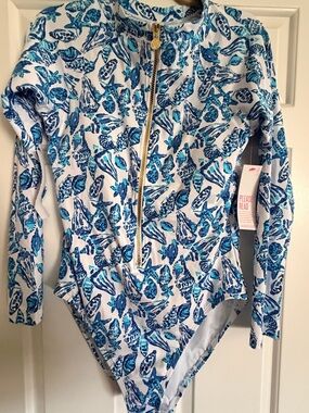 Lilly Pulitzer Blue and White Shell-Print Rashguard One-Piece